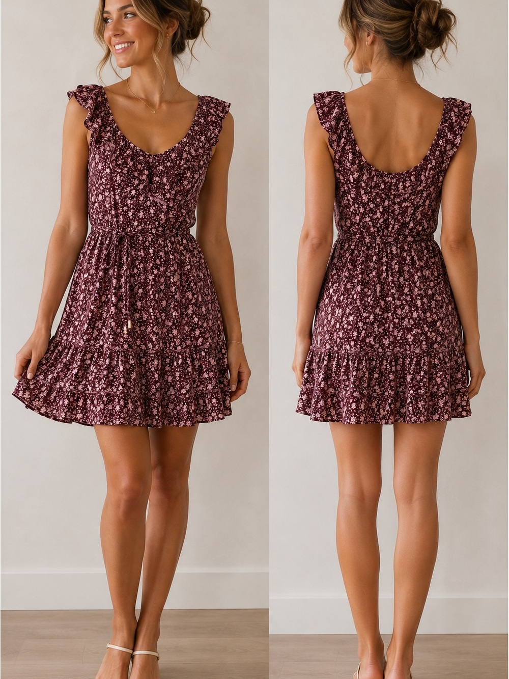 Floral Ruffle Sleeveless Mini Dress in Burgundy